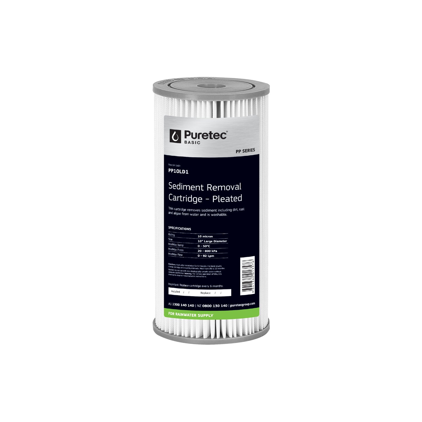 Puretec PP10LD1 Pleated Sediment Large Diameter Cartridge, 10 inch, 10um, on white