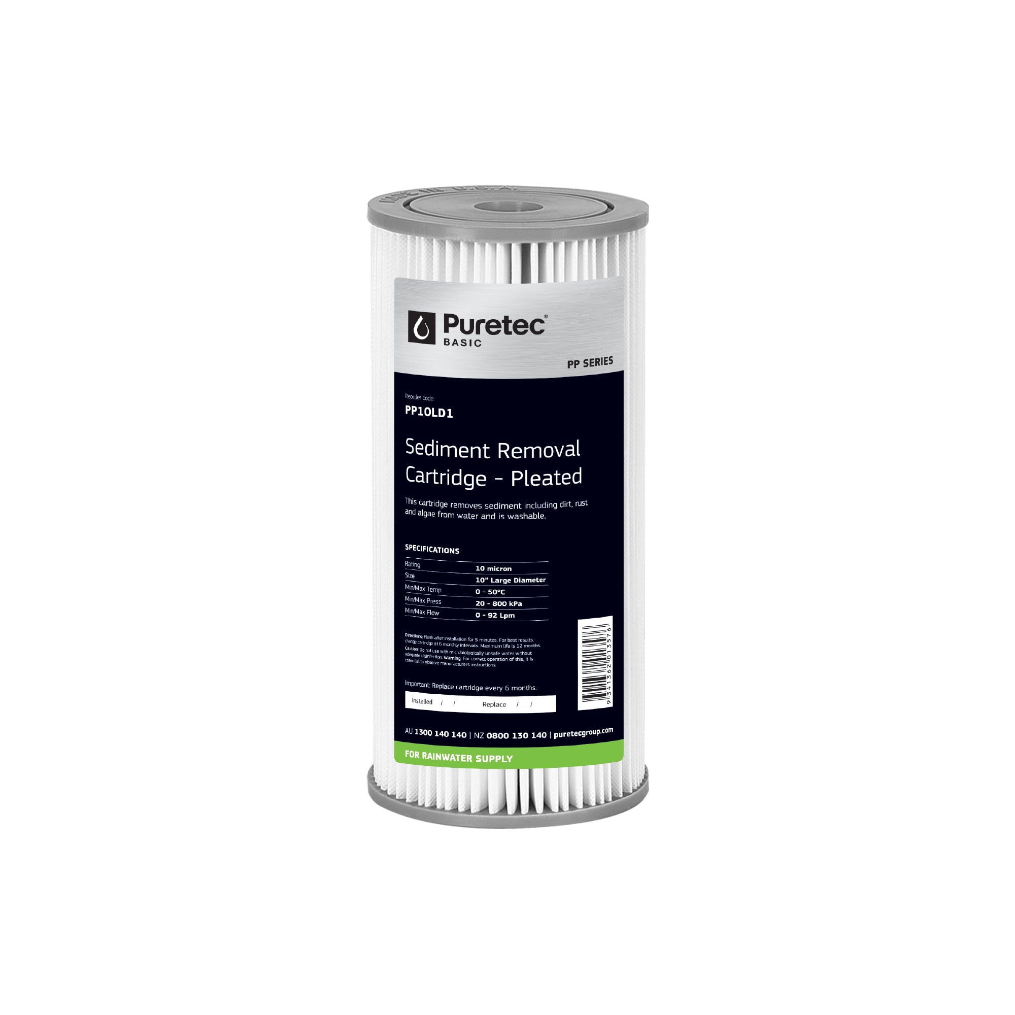 Puretec PP10LD1 Pleated Sediment Large Diameter Cartridge, 10 inch, 10um, on white