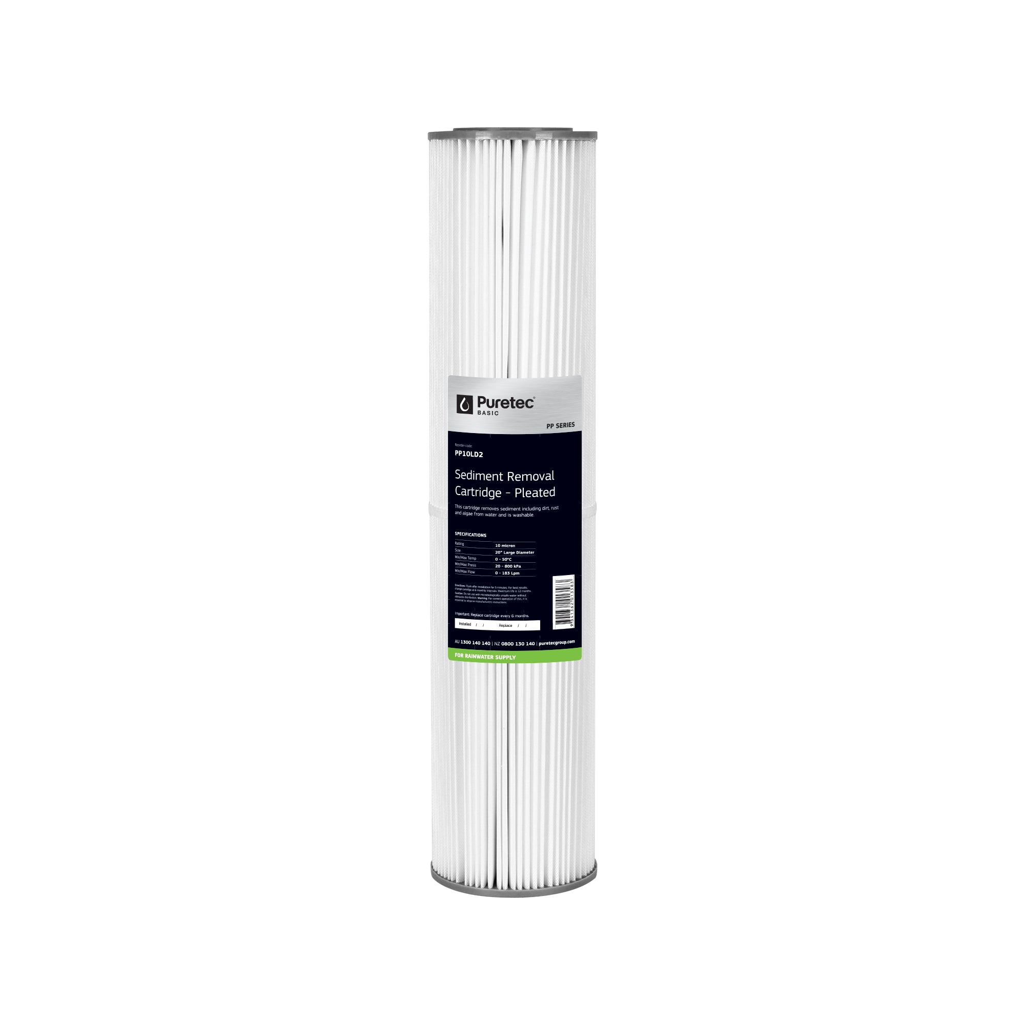 Puretec PP10LD2 Pleated Sediment Large Diameter Cartridge, 20 inch, 10um, on white