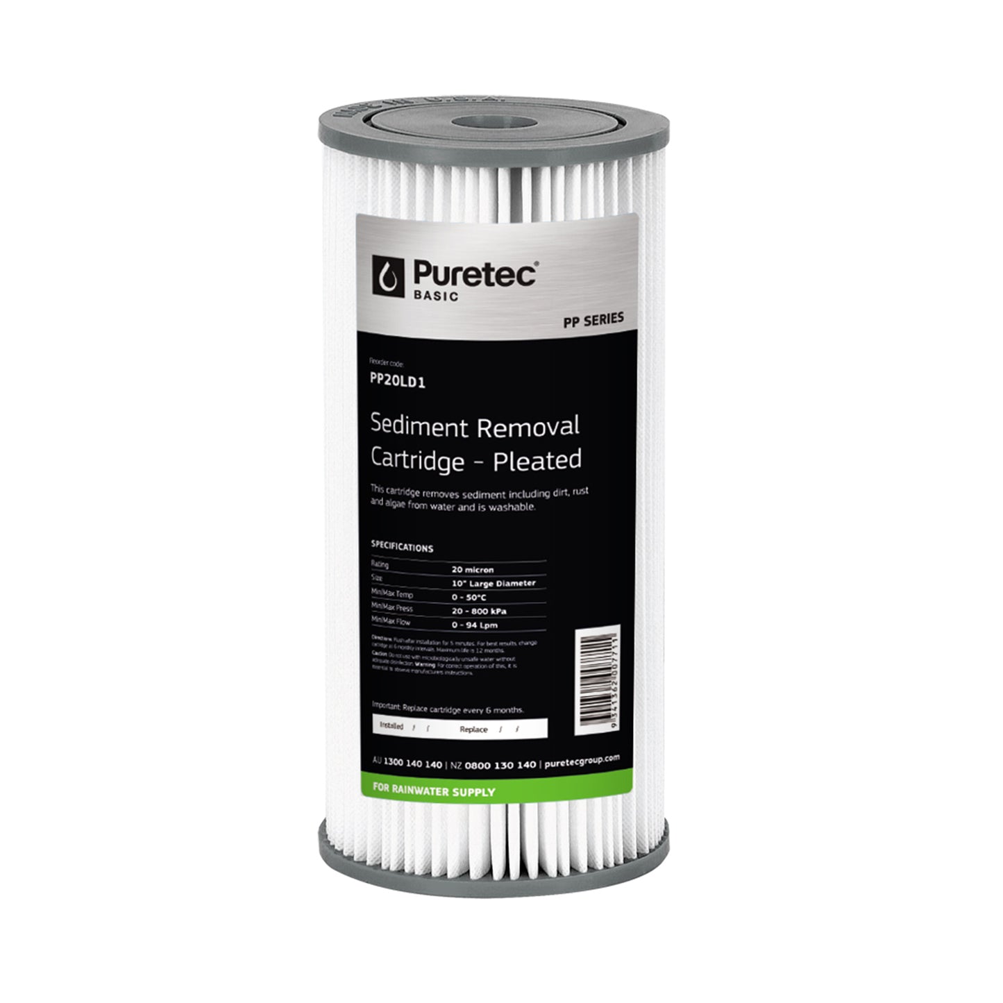 Puretec PP20LD1 Pleated Sediment Large Diameter Cartridge, 10 inch, 20um, on white