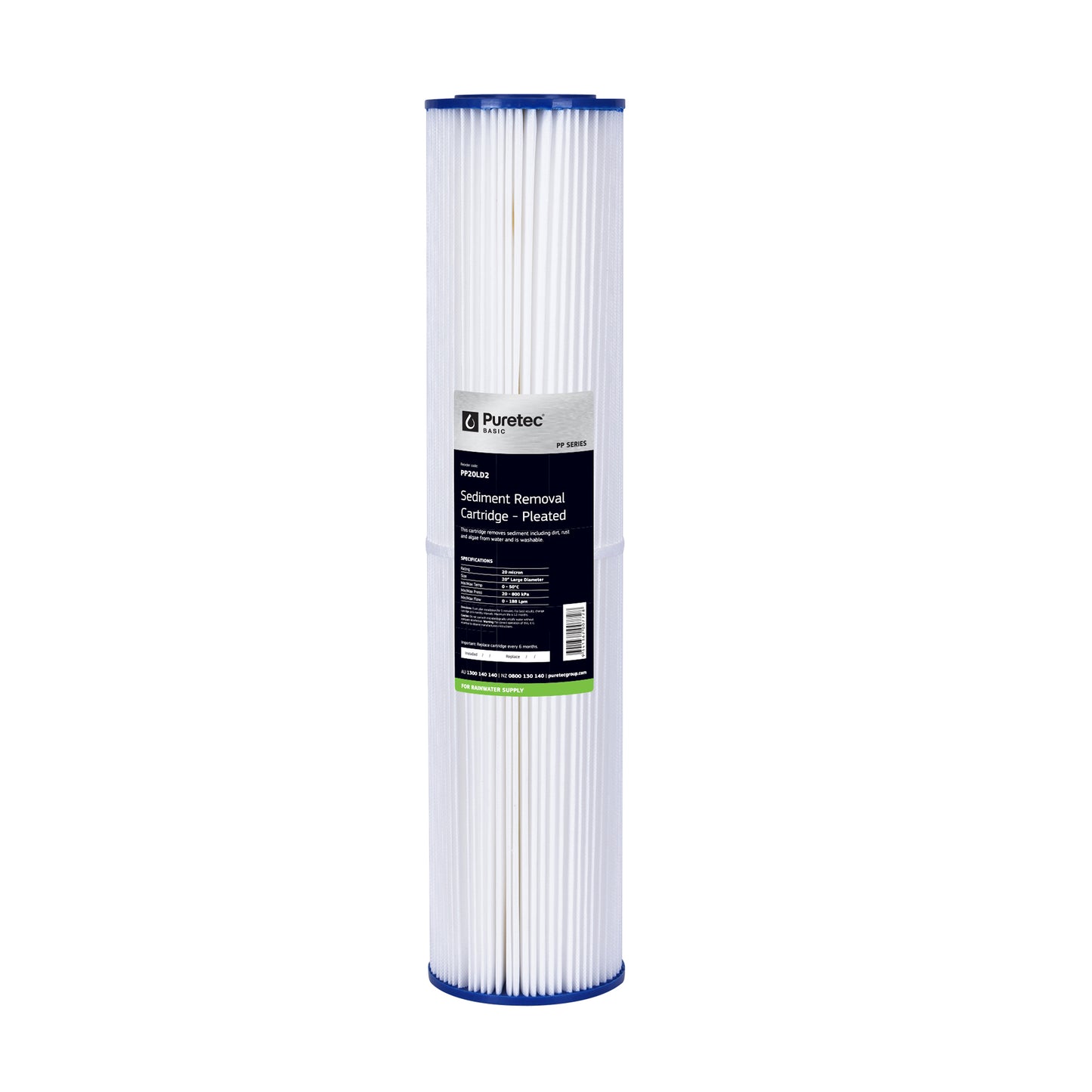 Puretec PP20LD2 Pleated Sediment Large Diameter Cartridge, 20 inch, 20um, on white