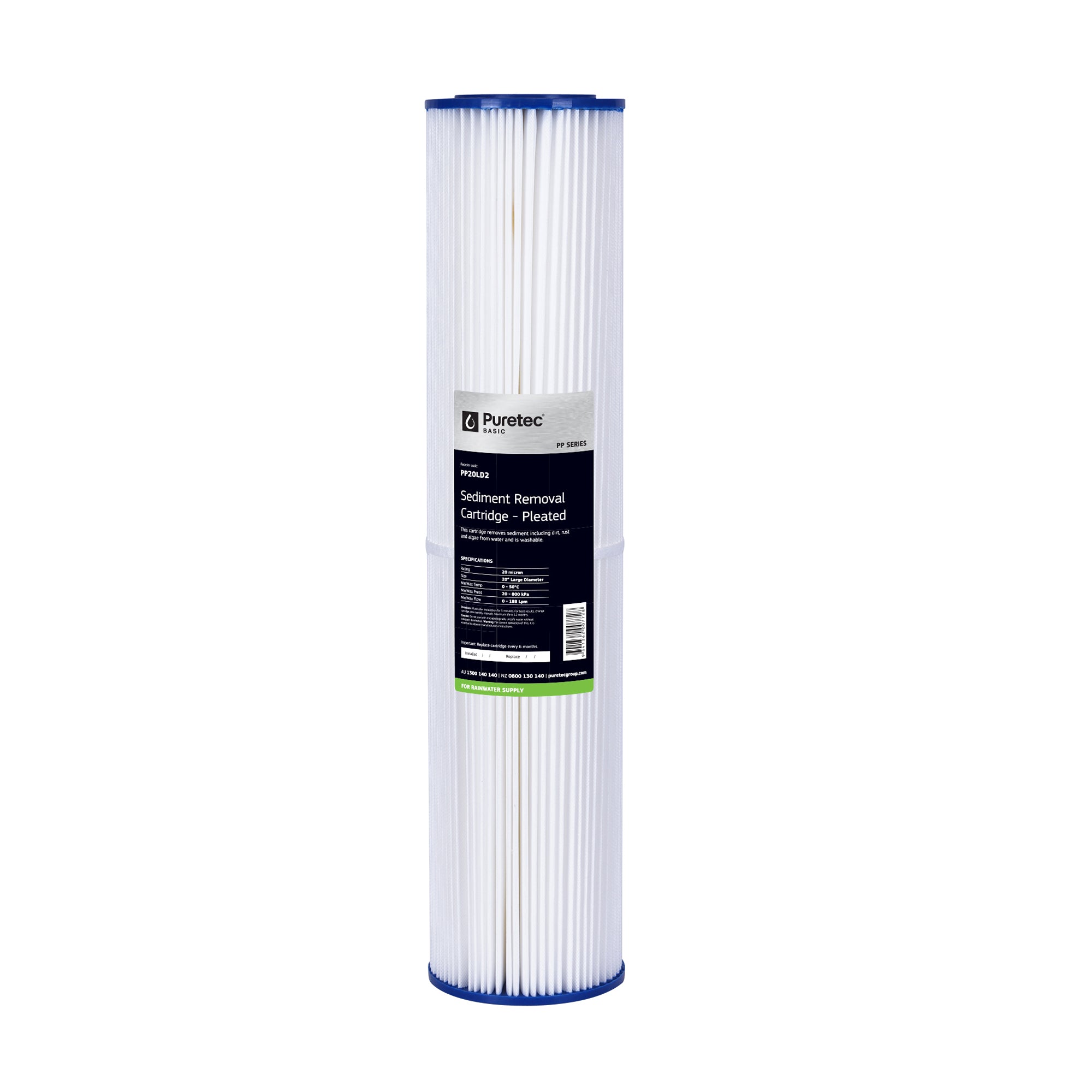 Puretec PP20LD2 Pleated Sediment Large Diameter Cartridge, 20 inch, 20um, on white