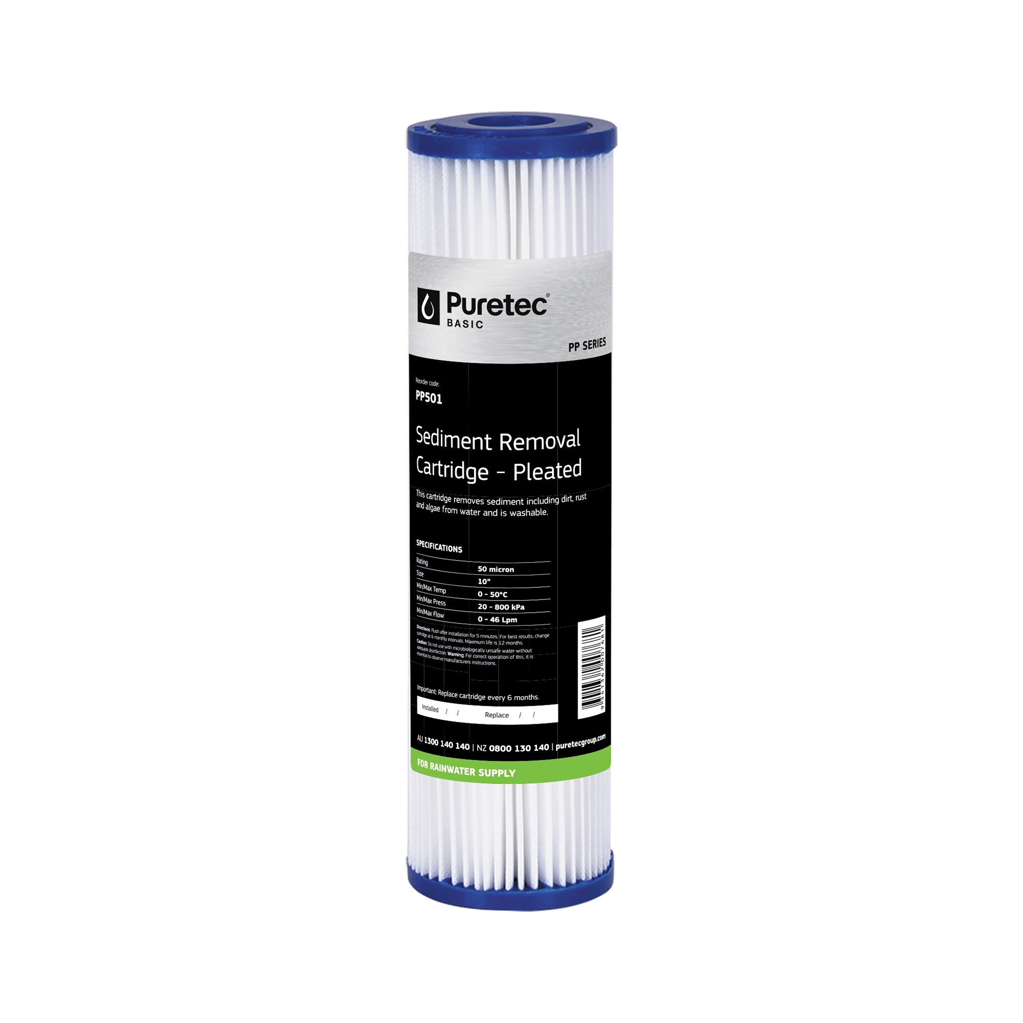 Puretec PP501 Pleated Sediment Cartridge, 10 inch, 50um, on white