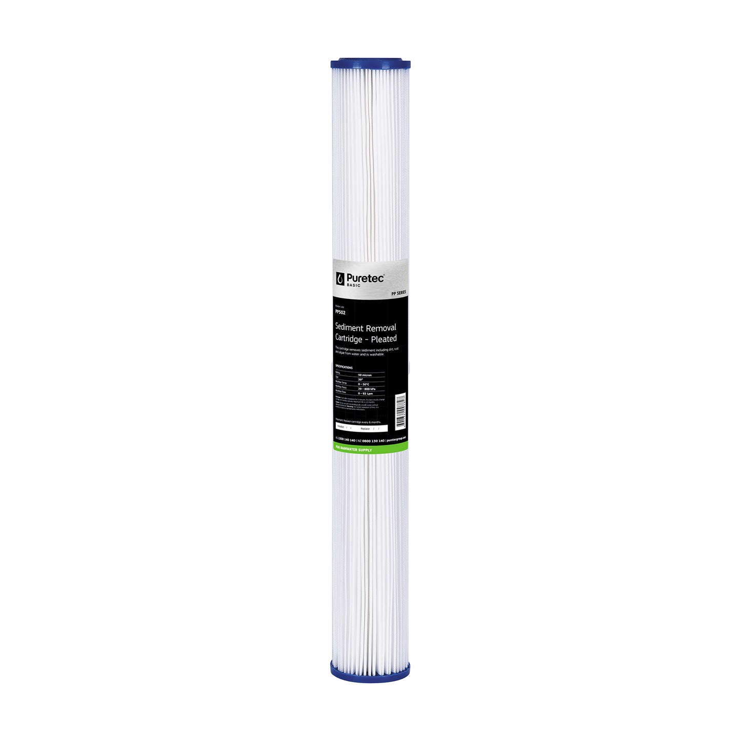 Puretec PP502 Pleated Sediment Cartridge, 20 inch, 50um, on white