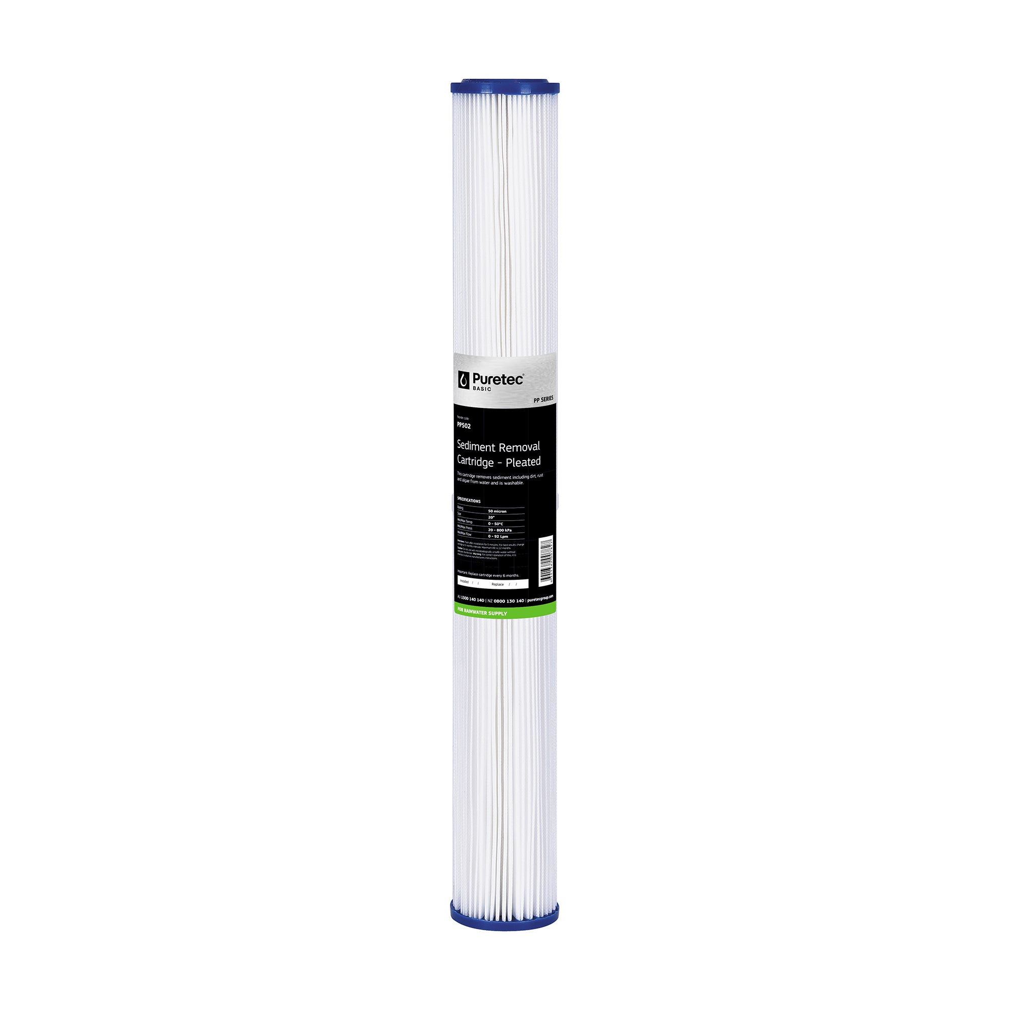 Puretec PP502 Pleated Sediment Cartridge, 20 inch, 50um, on white