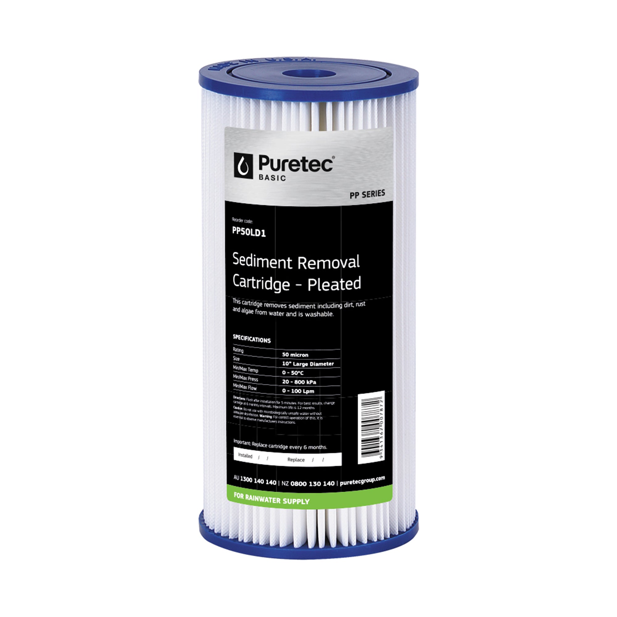 Puretec PP50LD1 Pleated Sediment Large Diameter Cartridge, 10 inch, 50um, on white