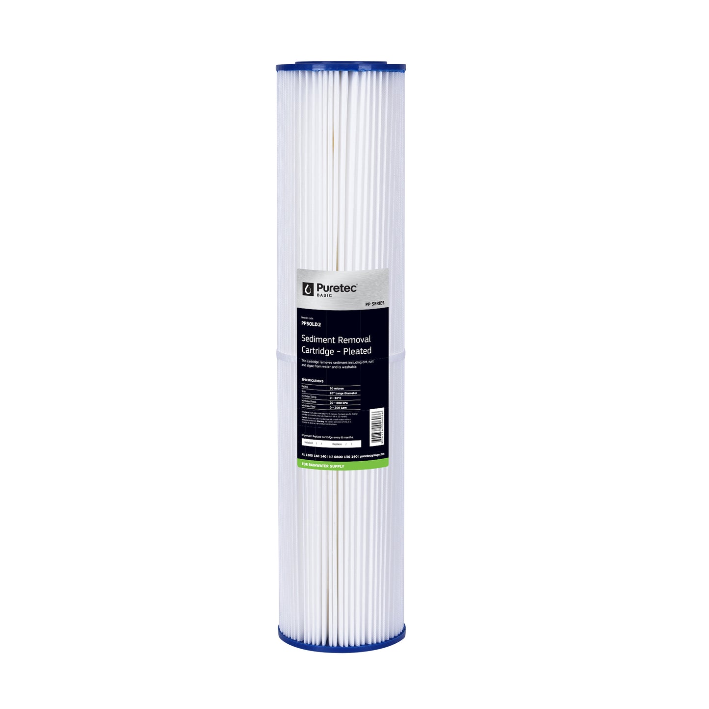 Puretec PP50LD2 Pleated Sediment Large Diameter Cartridge, 20 inch, 50um, on white