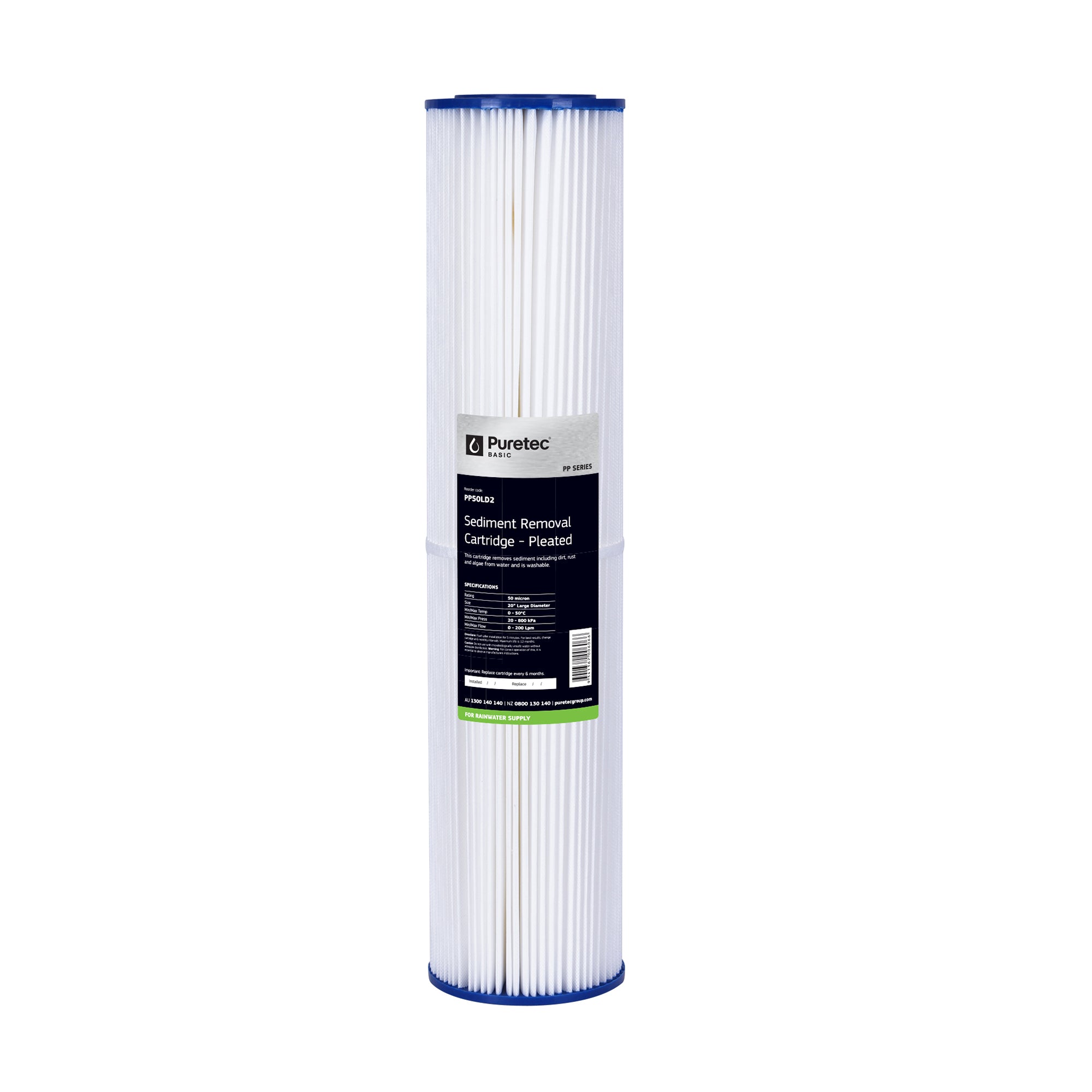 Puretec PP50LD2 Pleated Sediment Large Diameter Cartridge, 20 inch, 50um, on white