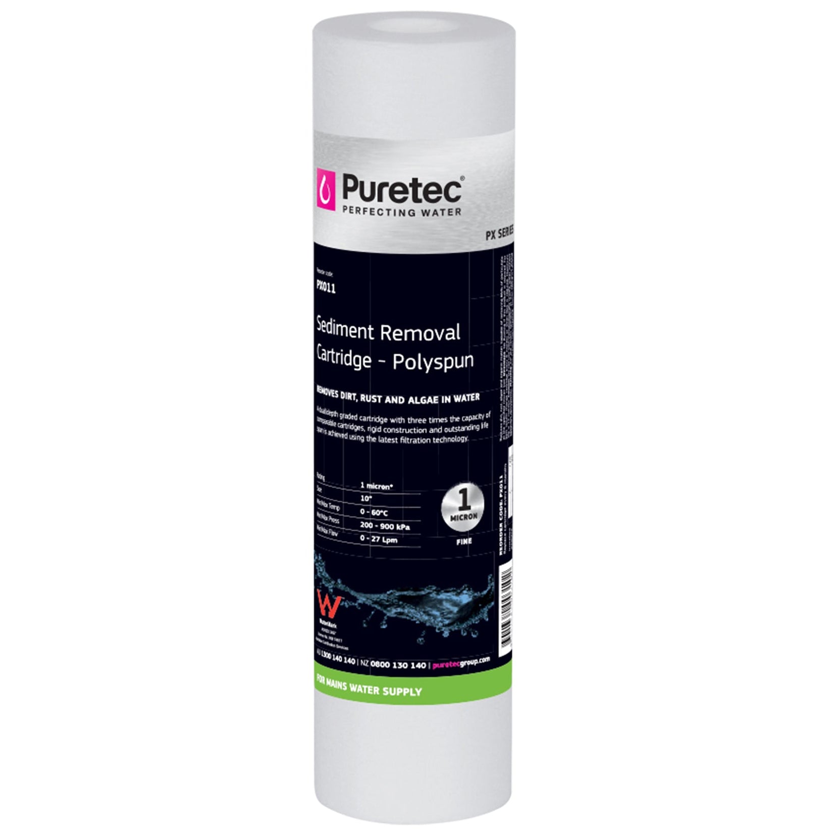 Puretec PX011 polyspun sediment cartridge 1 micron 10 inch, on white