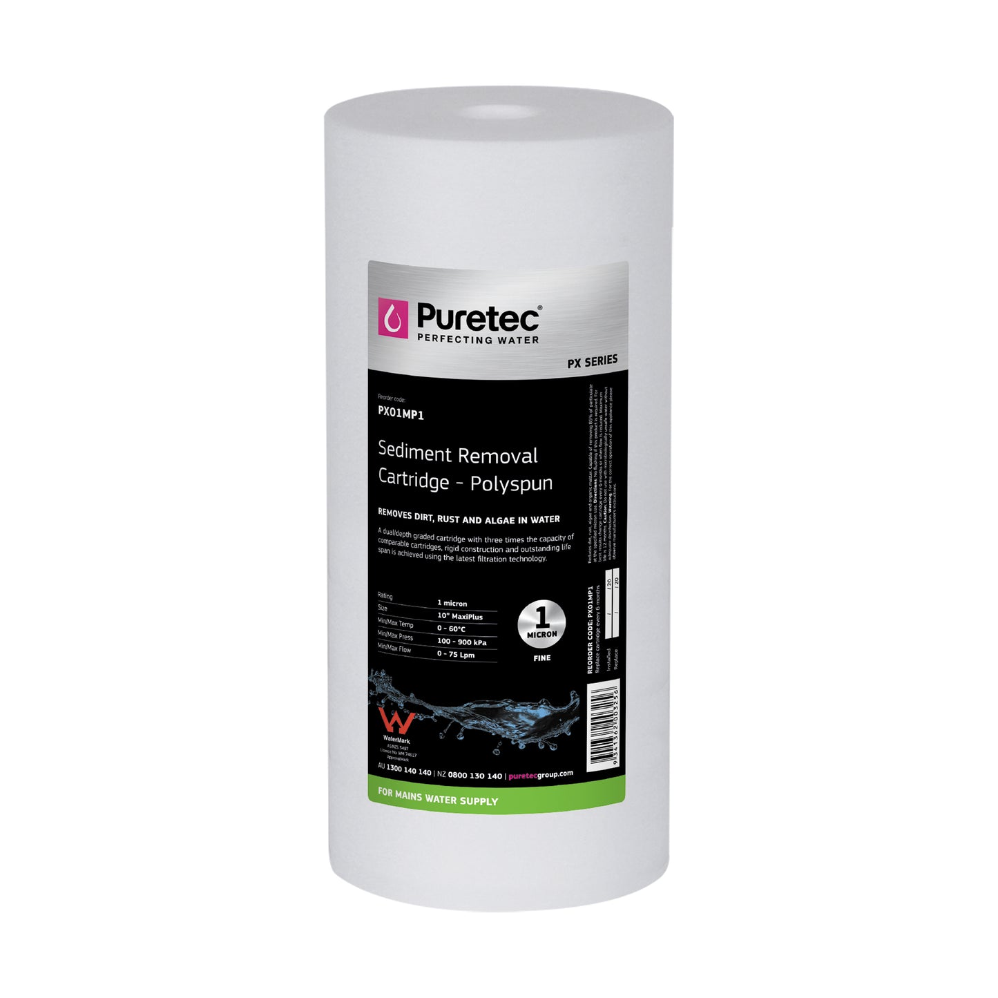 Puretec PX01MP1 Polyspun Sediment Maxi Plus Cartridge, 10 inch, 1um, on white