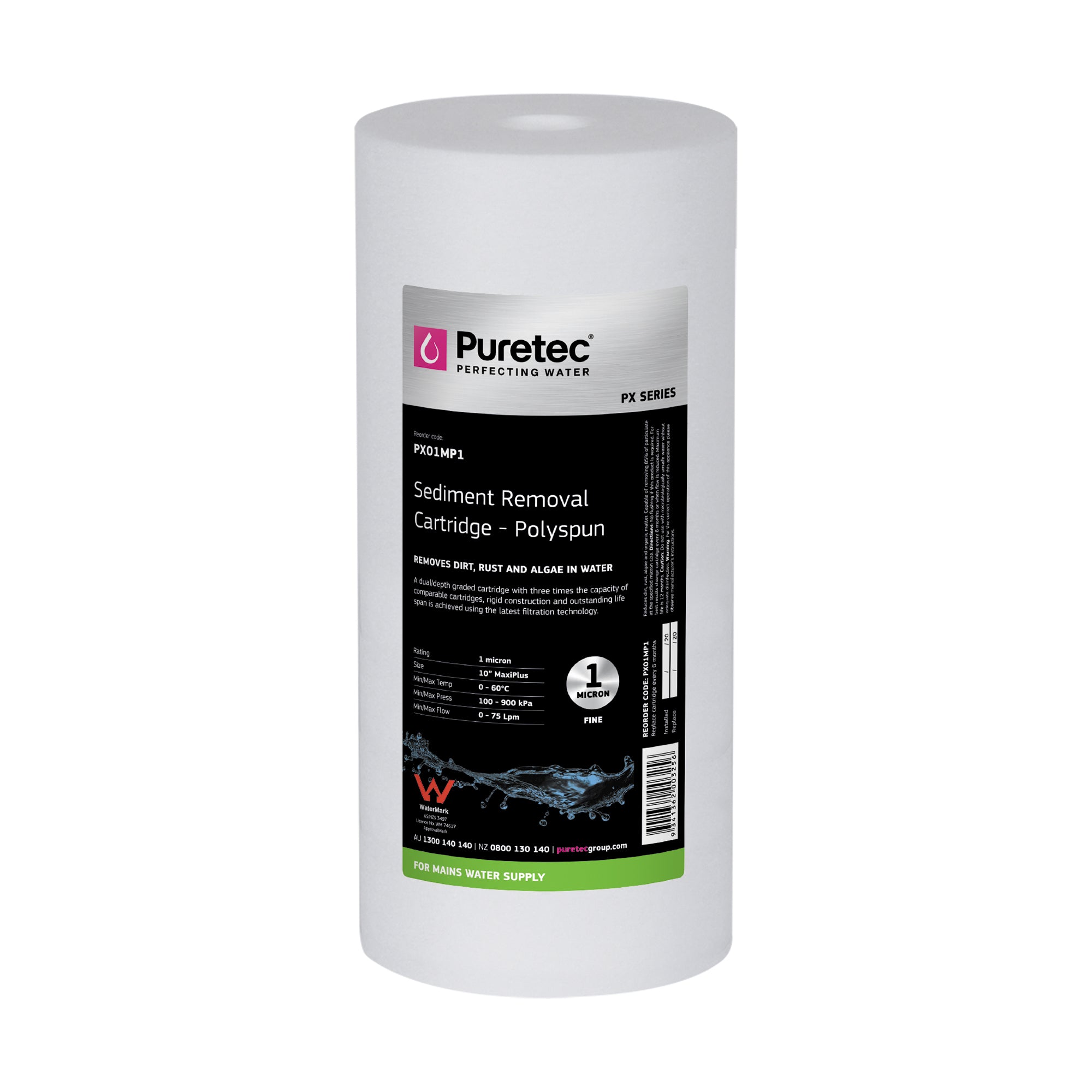 Puretec PX01MP1 Polyspun Sediment Maxi Plus Cartridge, 10 inch, 1um, on white