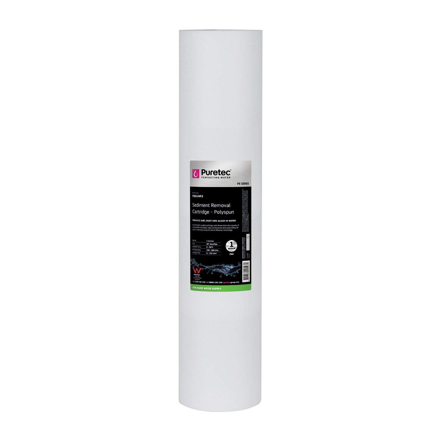 Puretec PX01MP2 Polyspun Sediment Maxi Plus Cartridge, 20 inch, 1um, on white