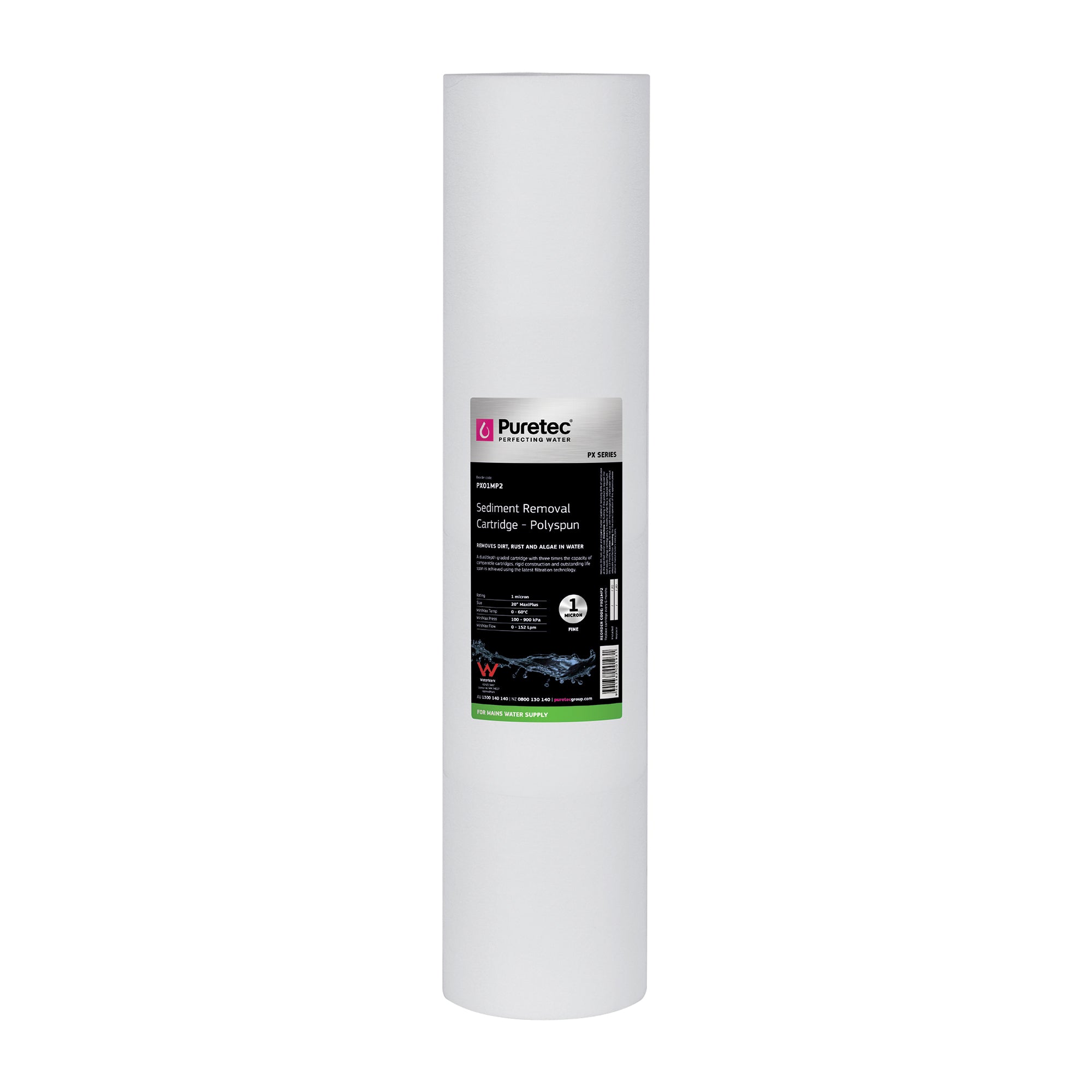 Puretec PX01MP2 Polyspun Sediment Maxi Plus Cartridge, 20 inch, 1um, on white