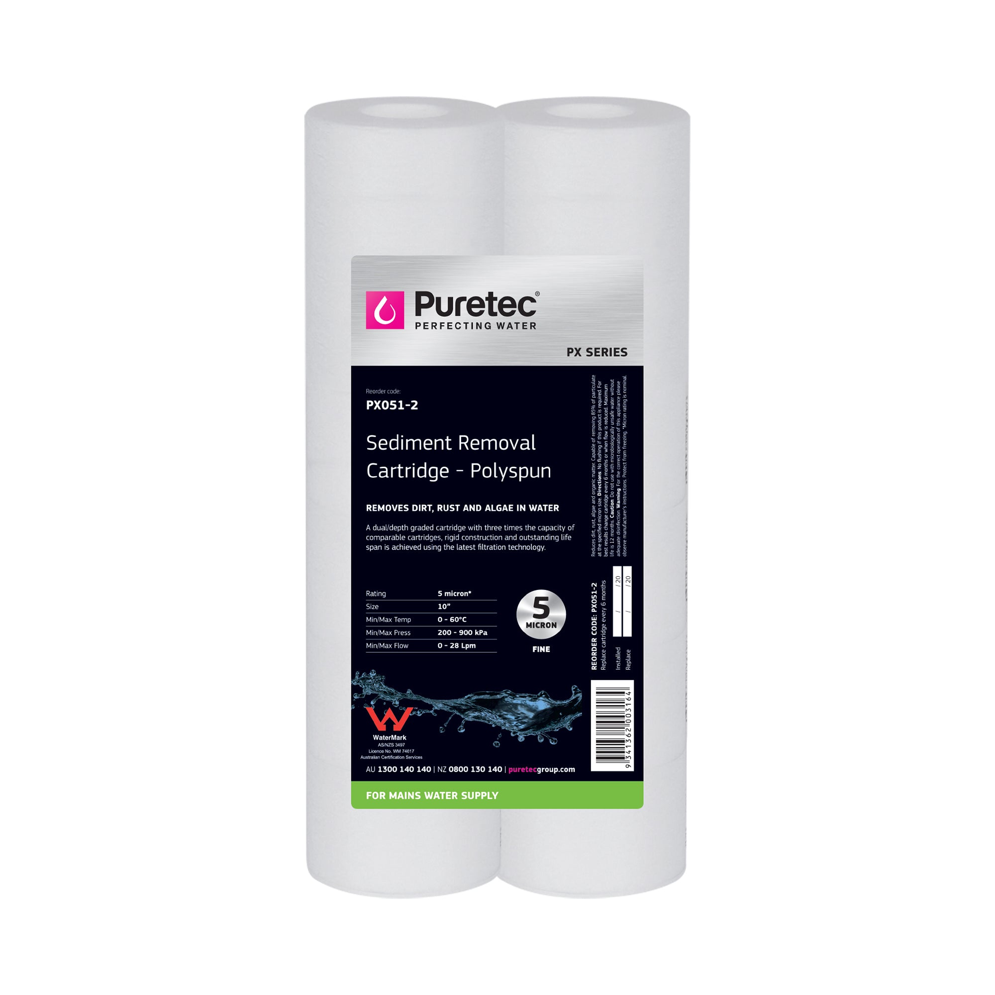 Puretec PX051 polyspun sediment cartridge 5 micron 10 inch, second angle