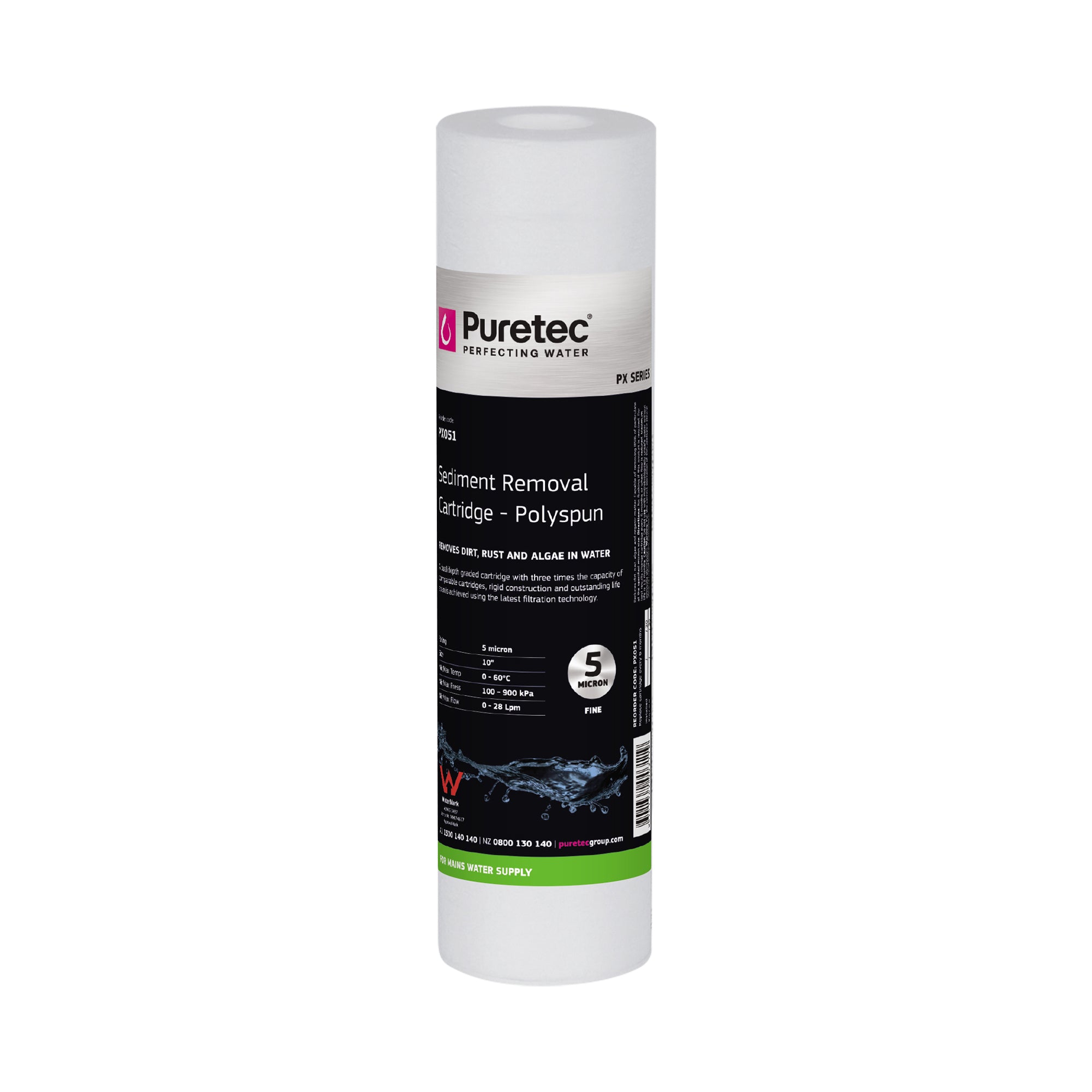 Puretec PX051 polyspun sediment cartridge 5 micron 10 inch, on white