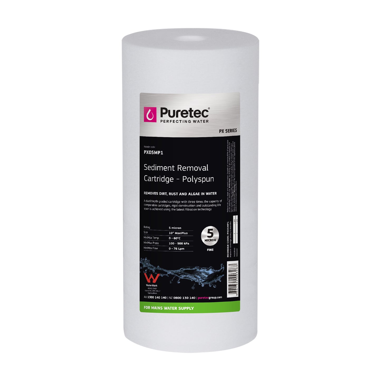 Puretec PX05MP1 Polyspun Sediment Maxi Plus Cartridge, 10 inch, 5um, on white