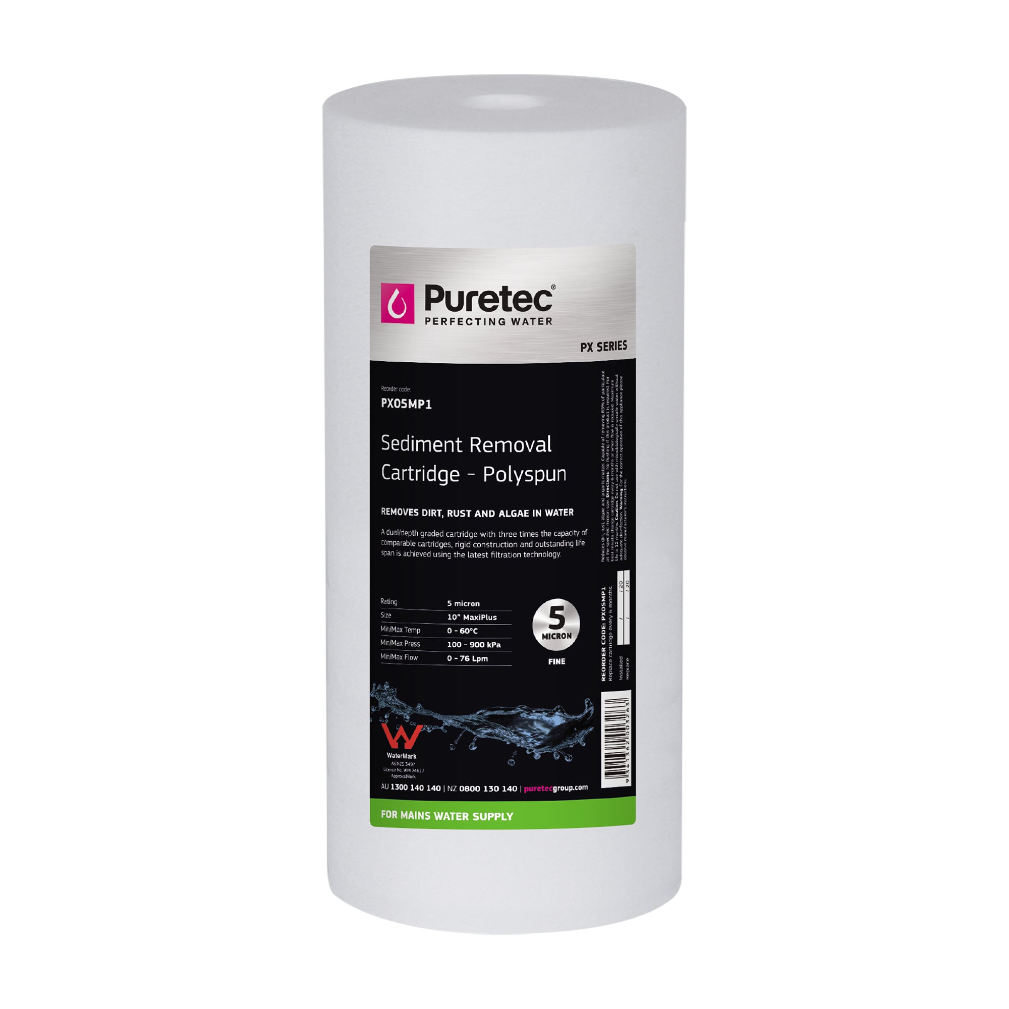 Puretec PX05MP1 Polyspun Sediment Maxi Plus Cartridge, 10 inch, 5um, on white