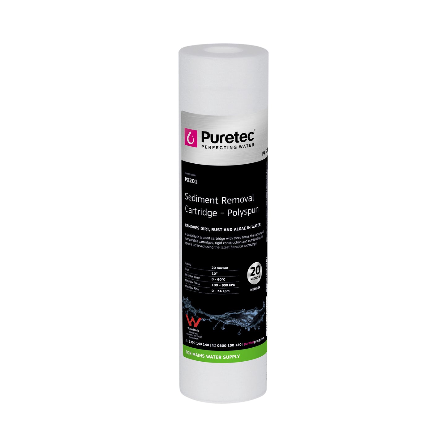 Puretec PX201 Polyspun Sediment Cartridge, 10 inch, 20um, on white