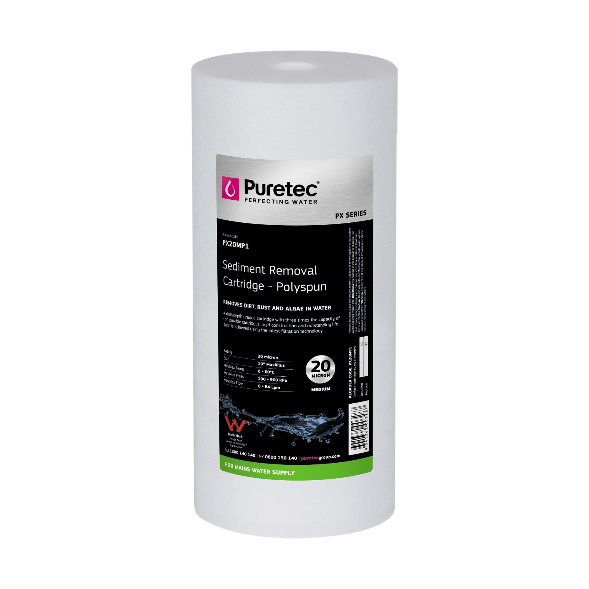 Puretec PX20MP1 Polyspun Sediment Maxi Plus Cartridge, 10 inch, 20um, on white