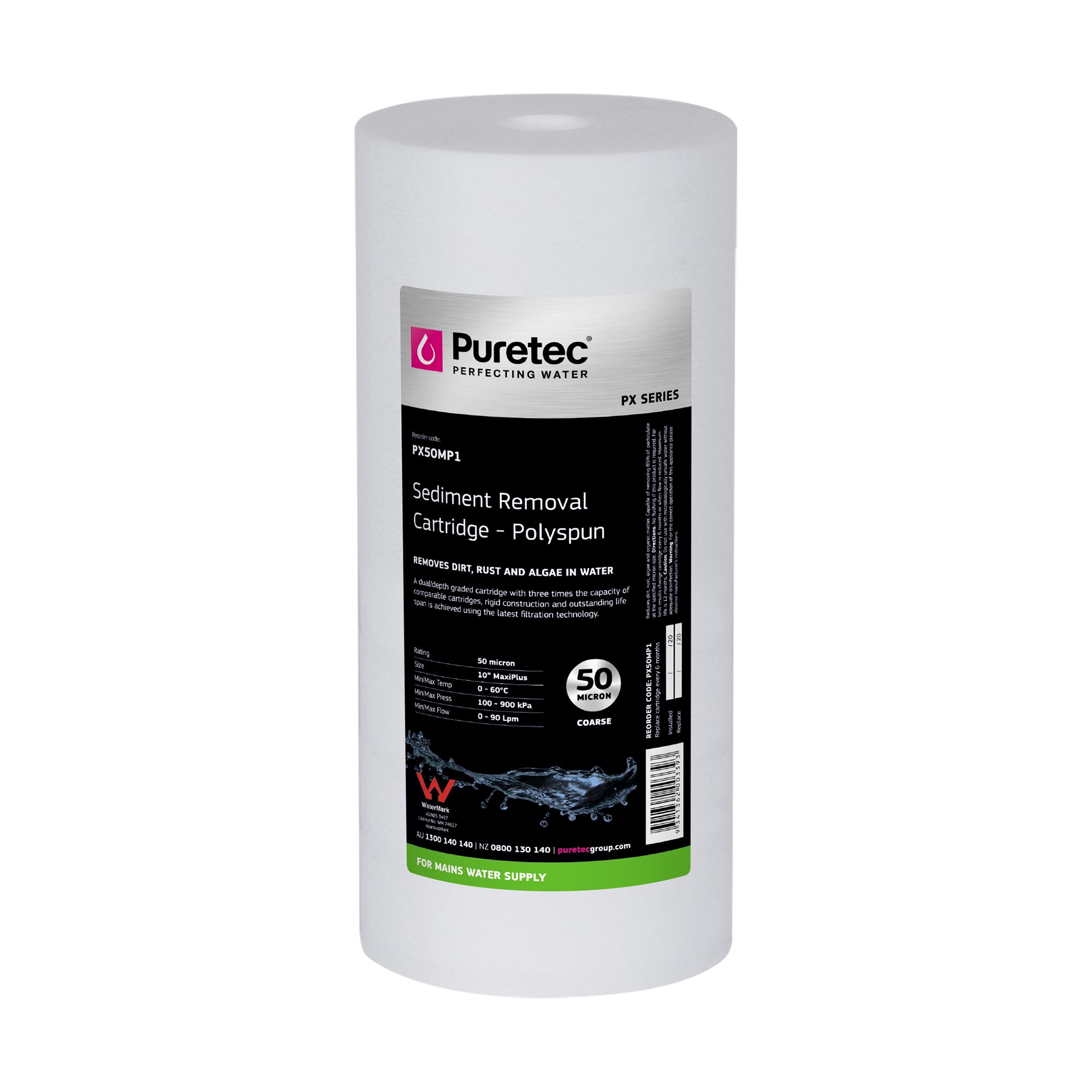 Puretec PX50MP1 Polyspun Sediment Maxi Plus Cartridge, 10 inch, 50um, on white