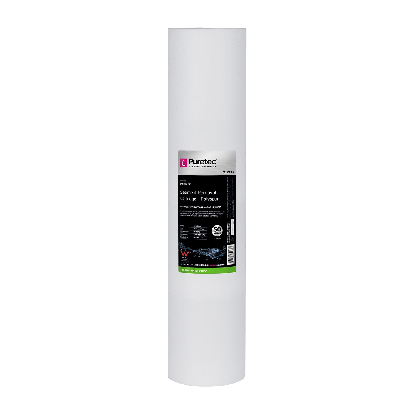 Puretec PX50MP2 Polyspun Sediment Maxi Plus Cartridge, 20 inch, 50um, on white
