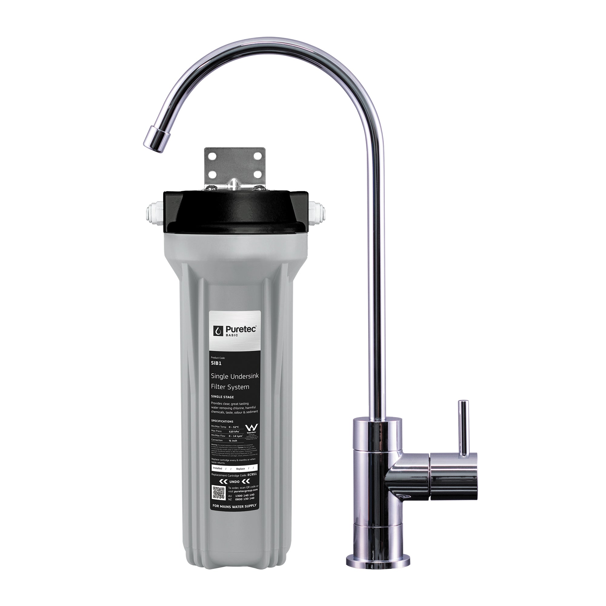 Puretec SIB1-LF Single Undersink System, complete inc OT250 faucet, EC951, on white