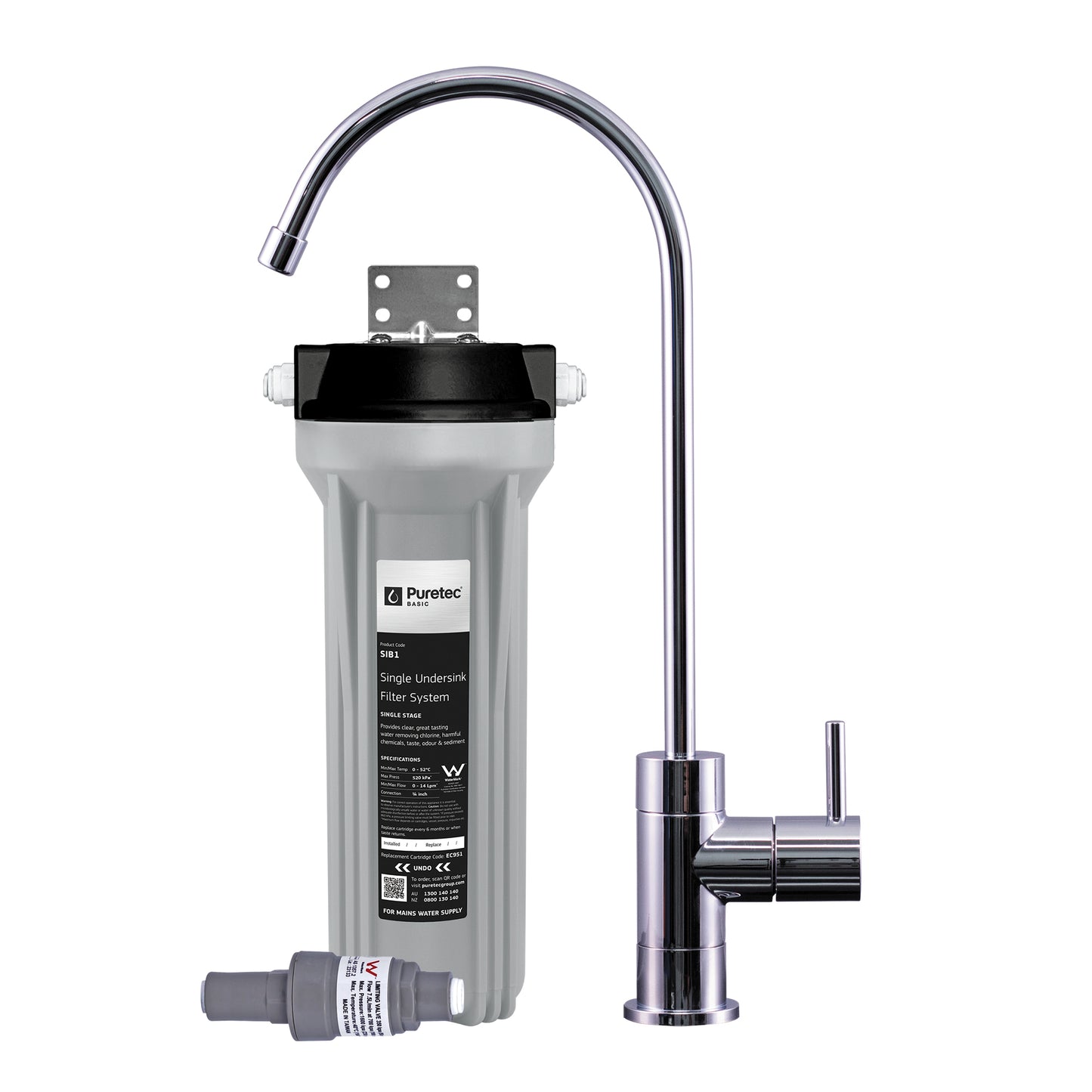 Puretec SIB1-PL-LF Single Undersink System, inc PLV, OT250 faucet, EC951, on white