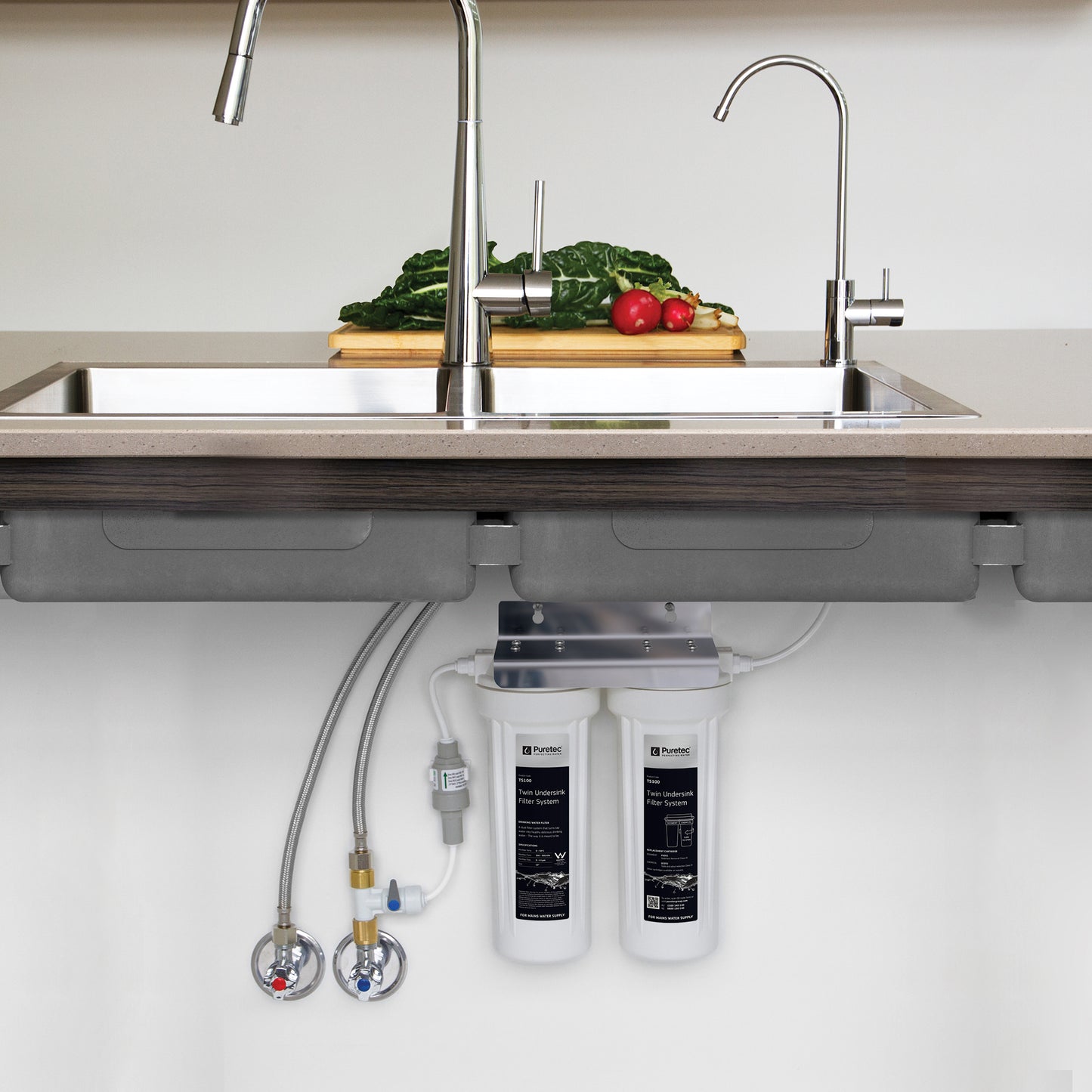 Puretec TS100-LF Twin Undersink System, with DFU180 Faucet, PX051/GC051, on white