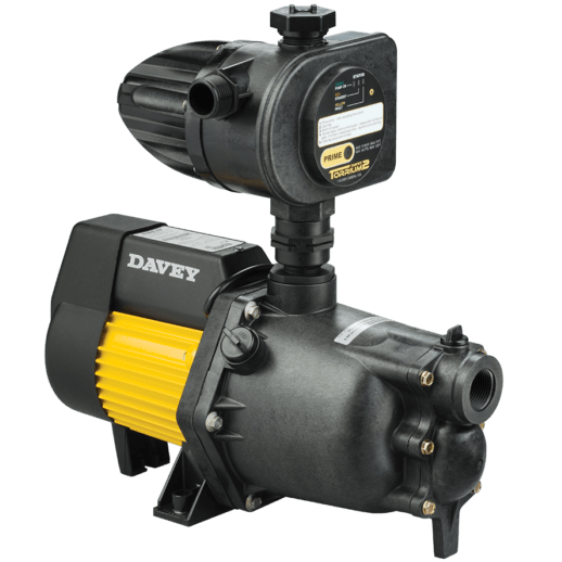 Davey Dynajet jet pump with a Torrium2 controller mounted on top, cast iron body with yellow Davey trim, sold by Pump Stuff NZ